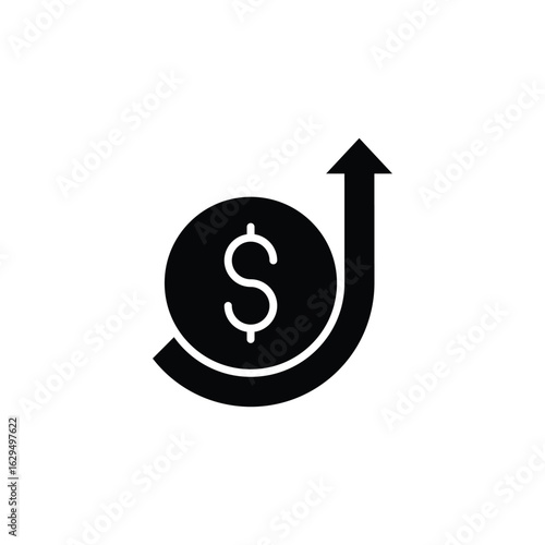 Cost increase icon. Glyph style. Dollar arrow up, price growth, financial data, currency exchange, income trend. Silhouette solid symbol.