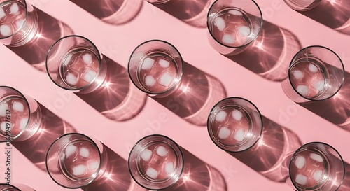 Pattern of Glasses With Ice Water on a Pink Background