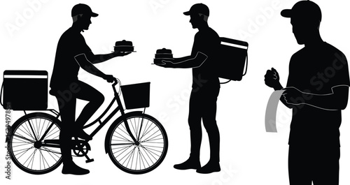 Delivery person on bike hands over food order to customer