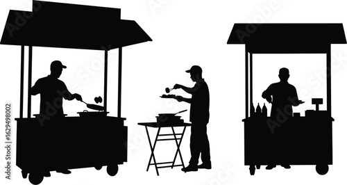 Street food vendors prepare meals at busy outdoor stalls
