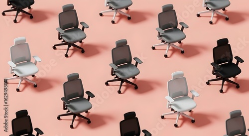 Modern Office Chairs Arranged in a Repeating Pattern on Pink Backdrop