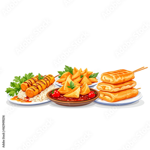 Delicious assortment of savory snacks and appetizers served attractively, perfect for menus and culinary themes.
