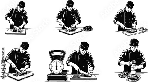 Skilled butcher expertly prepares cuts of meat for sale and cooking