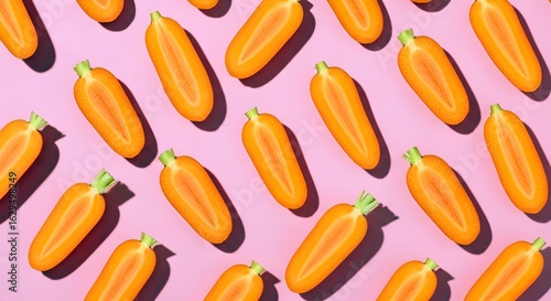 Bright Array of Sliced Carrots on a Vibrant Pink Background