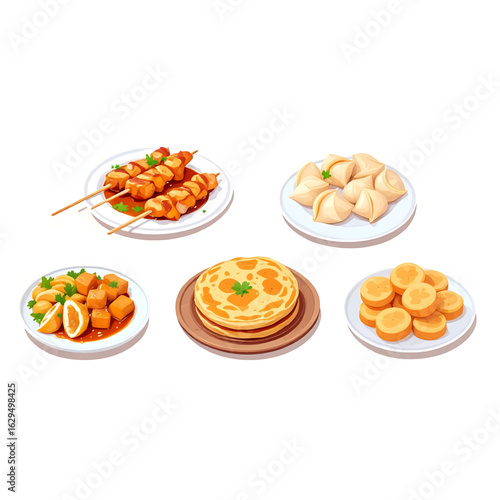 Delicious assortment of appetizing food dishes presented beautifully on white plates, perfect for menus.