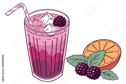 Vector art of refreshing blackberry orange juice with ice cubes and mint leaves a delightful summer drink to quench your thirst