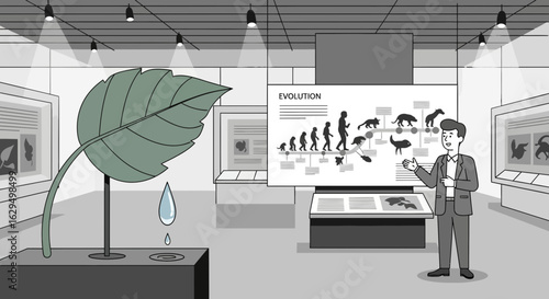 Evolution Exhibit at Museum: Exploring Natural History and Scientific Concepts with Leaf and Water