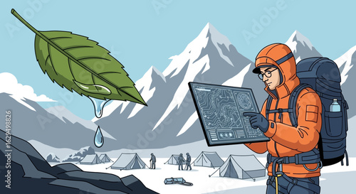 Eco-conscious adventurer using digital map in snowy mountain landscape with leaf