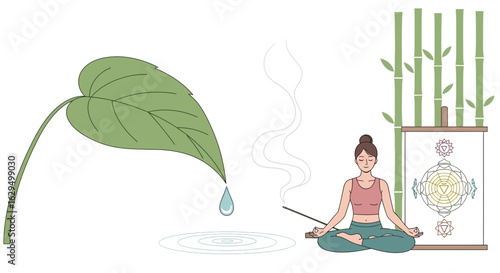 Wellness retreat illustration featuring a woman in meditation with nature elements