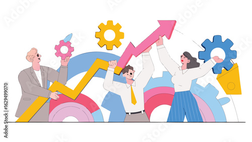 Illustration of team holding up arrow and gears representing business growth and collaboration success
