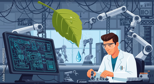 Scientist analyzing a leaf with robotic assistance in a futuristic lab setting