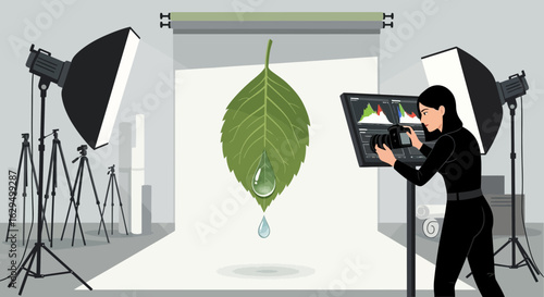Professional photographer capturing a fresh green leaf with water droplets in a studio setting