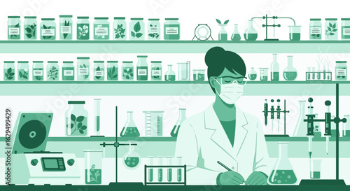 Illustration of a female scientist researching plants in a botanical laboratory