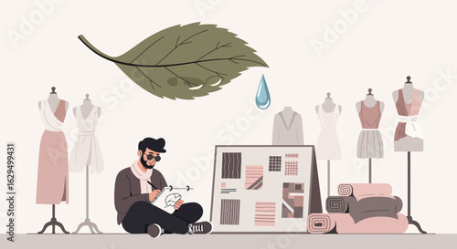 Fashion designer inspired by nature creating sustainable clothing designs in studio