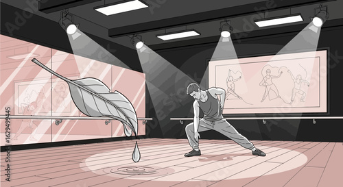 Dancer's Pain: Illustration of dancer stretching with leaf and water droplet symbolizing potential
