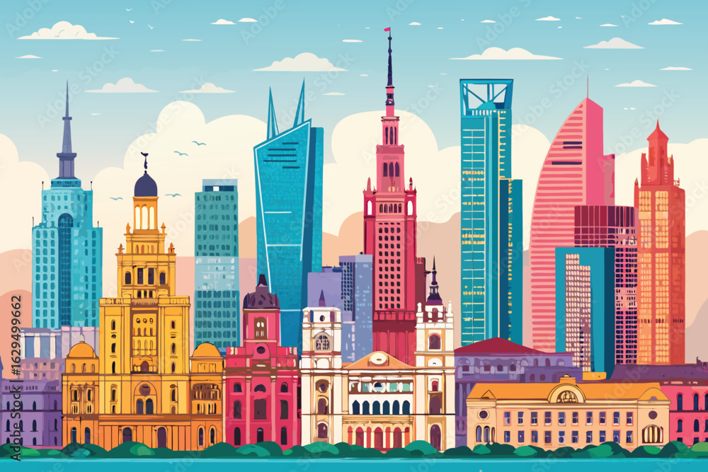 Naklejka premium City Building Illustration Design – Modern Urban Architecture, Skyscraper Skyline, Cityscape Vector Art, Downtown Buildings, Urban Design Concept, Architectural Drawing