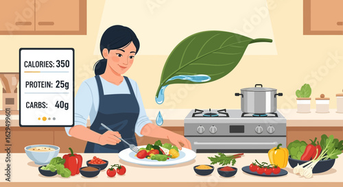Healthy eating concept illustration with nutrient data and balanced diet cooking
