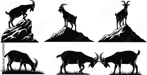 Majestic goats atop rocky peaks and grazing peacefully