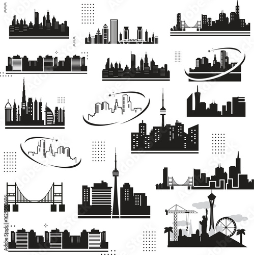 United States of America vector cities skylines Urban cityscape silhouettes vector illustration. Night town skyline or black city buildings