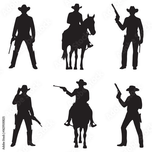 Wild West Cowboy Silhouettes in Various Gunfight Stances