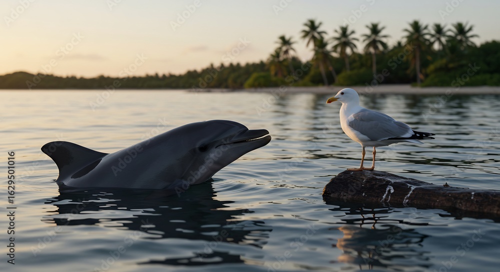 Obraz premium Delphin beobachtet M�we Abendlicht sanft ruhige Wasserlandschaft. AI Generated