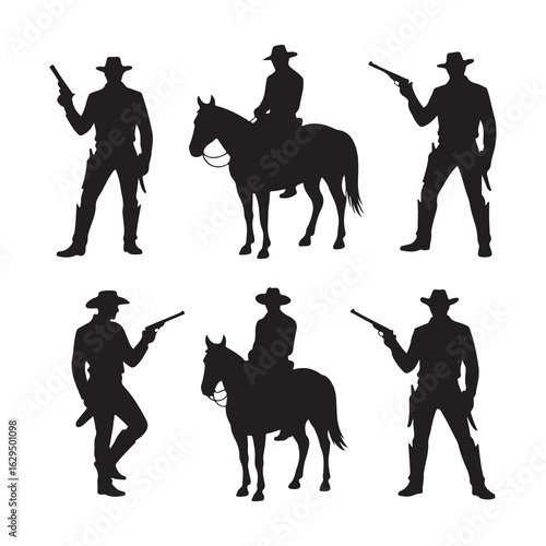 Cowboy Action Poses with Guns and Horses Silhouettes