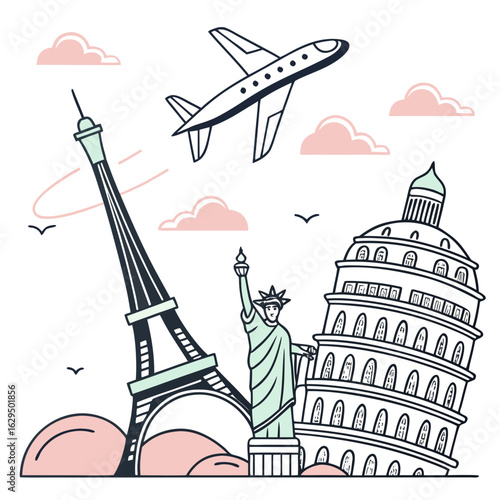 Illustration of eiffel tower statue of liberty leaning tower of pisa airplane and pink clouds on pink hills
