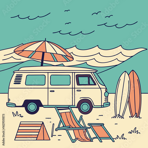 Illustration of a van with a surfboard on top parked on a beach with waves, umbrella, and beach chair nearby