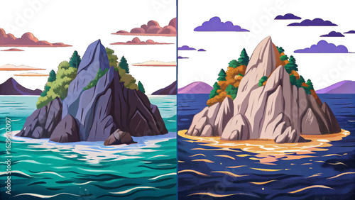 Isolated rock island in calm ocean water cartoon wallpaper