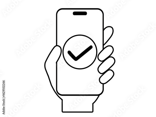 スマホ操作をする手のモノクロイラスト｜完了・承認・確認などのアイコン