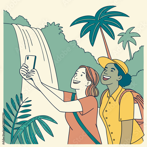Two tourists taking selfies with smartphones in a jungle with waterfall and lush green vegetation around them