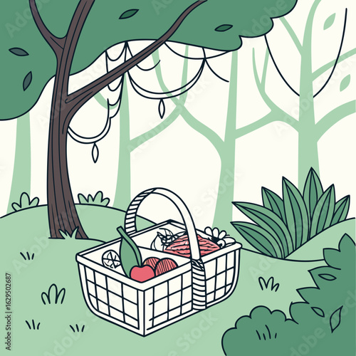 Illustration of a picnic basket filled with apples and a bottle under a tree with leaves on a grassy patch