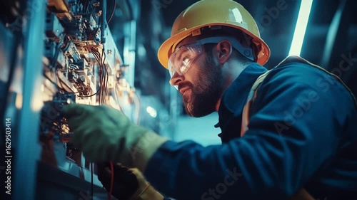 Technician Inspecting Electrical Panel, Wearing Safety Gear, Factory Setting.
