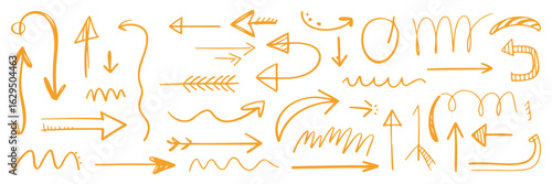 Collection of orange hand drawn arrows isolated on white background for creative presentation and graphic design projects