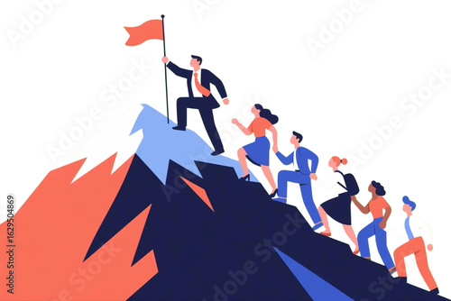 Business Leadership Concept. Vector illustration of a group of diverse people climbing up to the top of a mountain, following a leader with a flag in his hand. Isolated on background