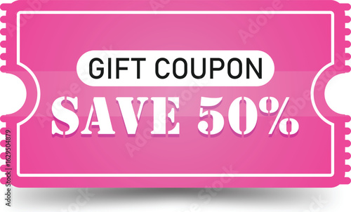 Save 50% – Gift Coupon Discount Voucher Tag. Vector coupon discount isolated