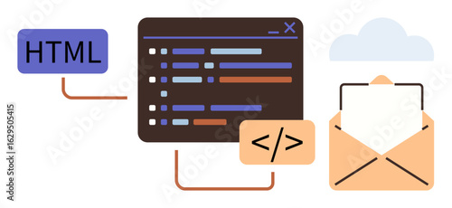 HTML block linked to a coding interface and email envelope representing coding, programming, and communication workflows. Ideal for web development, email design, programming, digital systems, coding