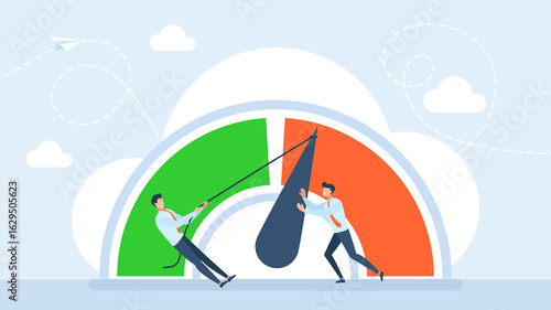 Reduce risk level or decrease stress anxiety meter. Push skill level, credit score or increase performance, improvement or effort to be better, excellent customer feedback review. Flat illustration