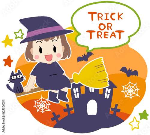 ハロウィンで魔女の仮装をした女の子のイラスト