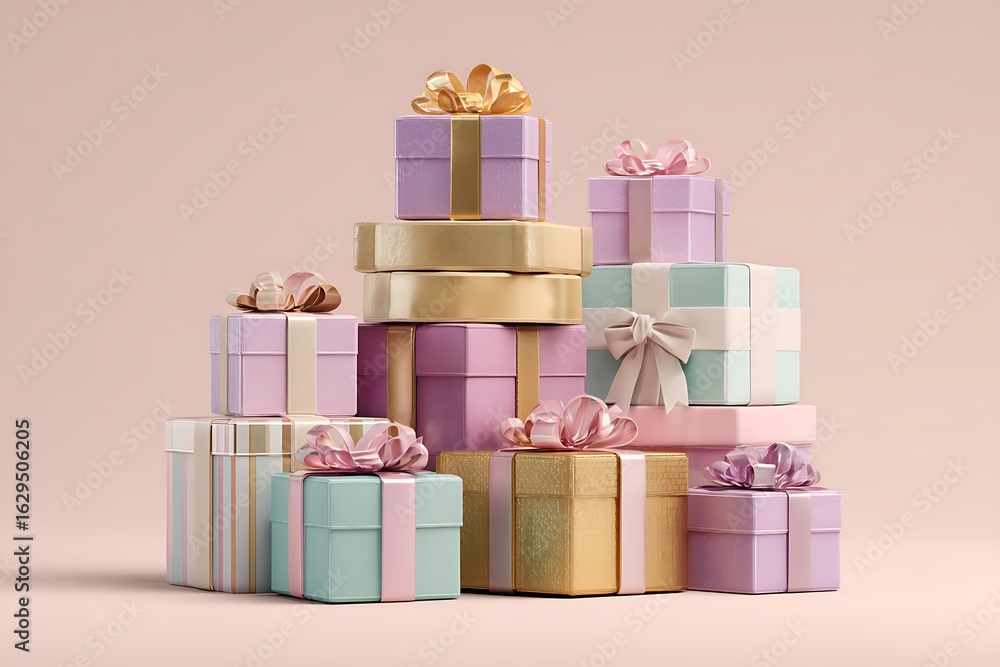 Obraz premium organized gift boxes with ribbons on pastel commerce backdrop 