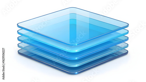 Stack of transparent blue glass layers in isometric view, modern 3D abstract concept on white background