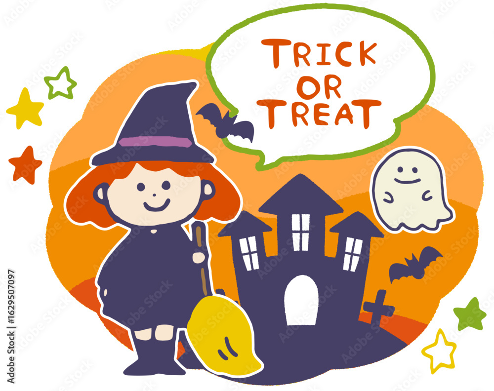 Naklejka premium ハロウィンで魔女の仮装をした子供のイラスト