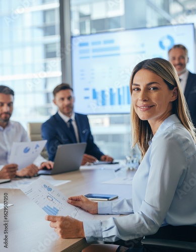 Confident Businesswoman at Meeting with Colleagues Analyzing Data Charts in Modern Office