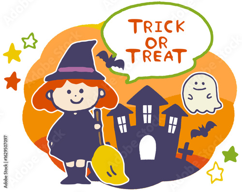 ハロウィンで魔女の仮装をした子供のイラスト