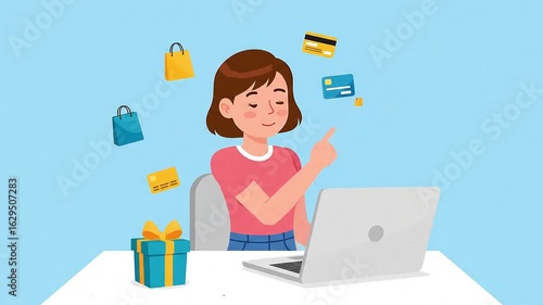 Happy woman celebrating online shopping success at a desk with shopping bags and cards floating around