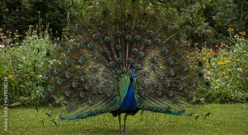鮮やか羽根 緑背景 孔雀誇示 太陽光輝き 