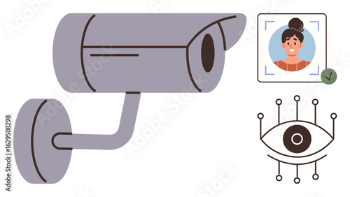 Security camera, face recognition interface, biometric eye scanning system. Ideal for technology, digital privacy, AI, facial recognition, smart surveillance data security monitoring. Simple flat