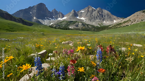 Colorful wildflowers blooming in a wide green valley beneath towering rocky mountains, clear blue sky above
