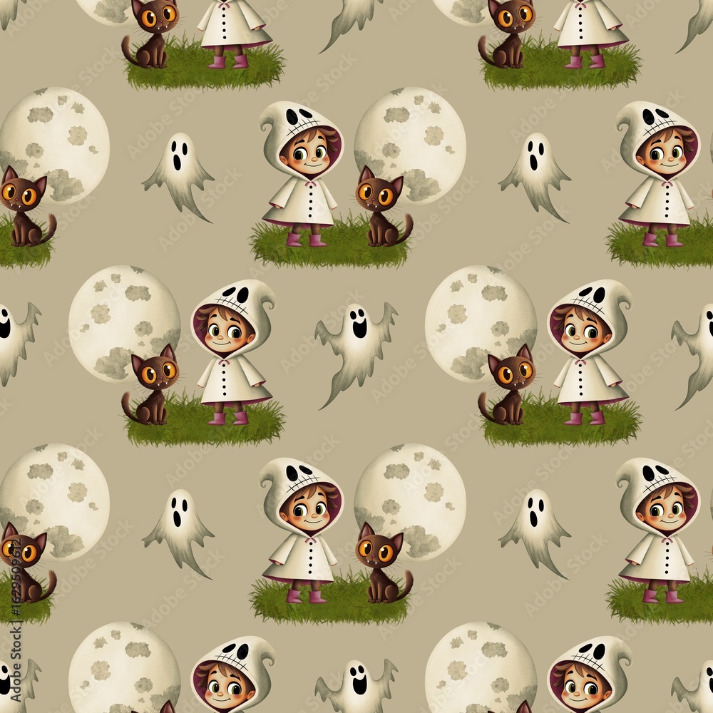 Naklejka premium Cute seamless pattern, a child in a ghost costume and pink boots, and a black cat with orange eyes against the background of a full moon.