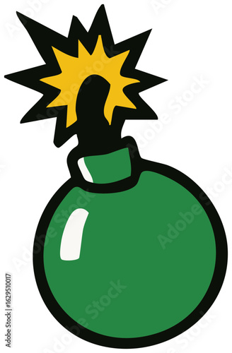 Vector illustration of a cartoon black bomb icon with a dangerous fuse and a 3d explosion symbol inside an explosive ball weapon design for war or holiday decoration
